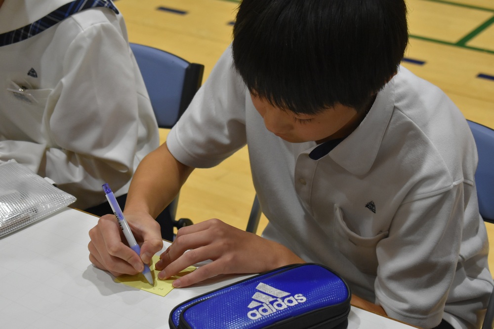 写真:考えを付箋に記入する生徒